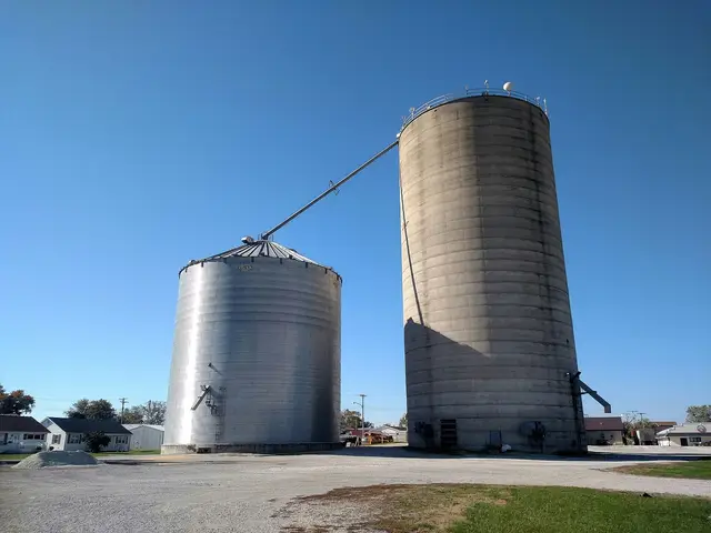 Concrete and metal grain silos at an industrial storage site